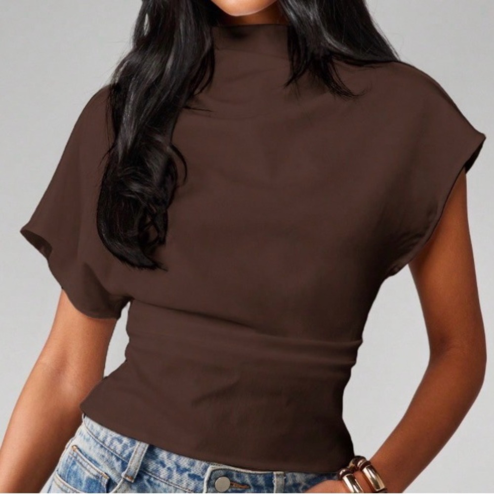 Missguided Chocolate Brown Mock Neck Short Sleeve Top
